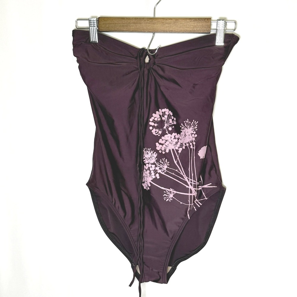 GapBody Womens Strapless Bandeau One Piece Swimsuit Purple Floral O-Ring Medium